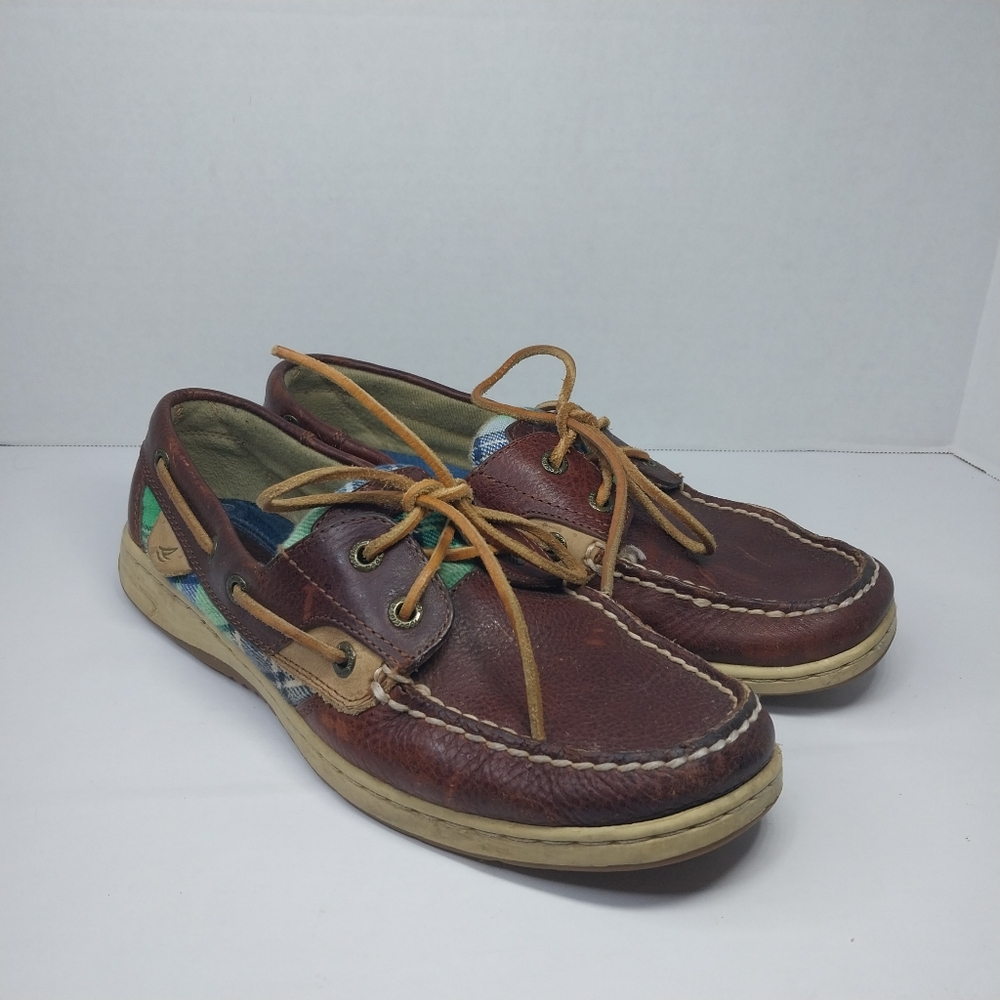 Sperry Top-Sider Womens size 8.5 Bluefish 2-Eye Boat Shoe Brown Leather Plaid